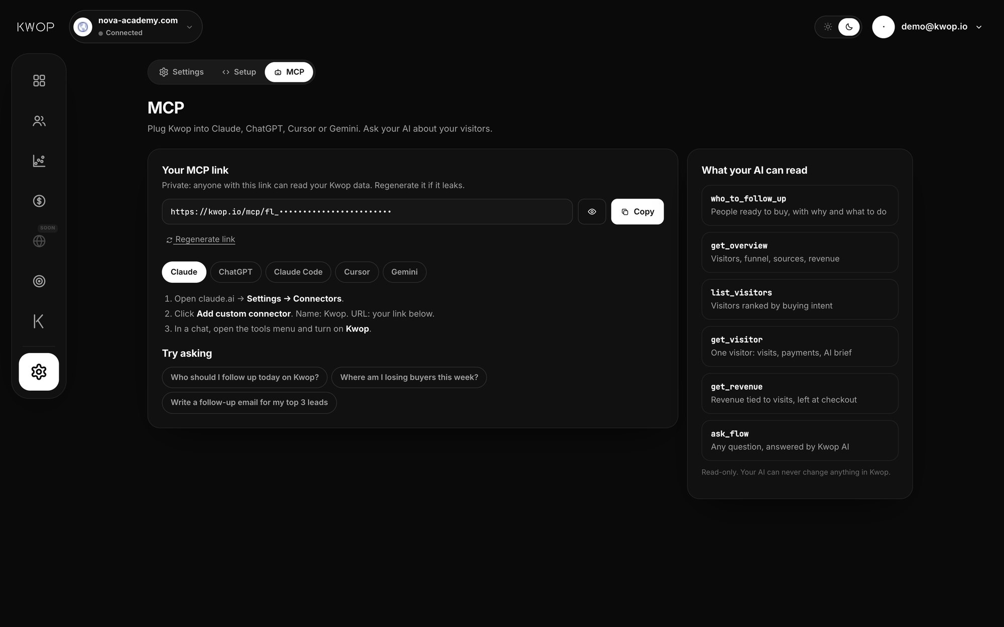 Kwop: MCP page in the dashboard with the private MCP link, setup steps for Claude and the tools your AI can read